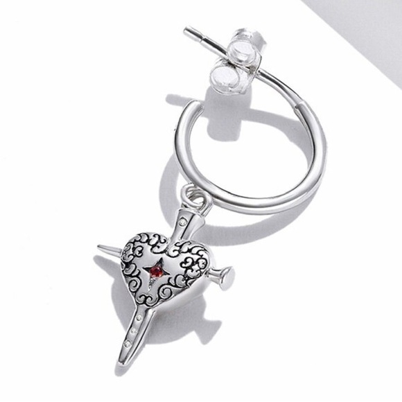 Single Accent Pure 925 Sterling Silver Fashion Love Sword Stud Earring - Picture 4 of 6